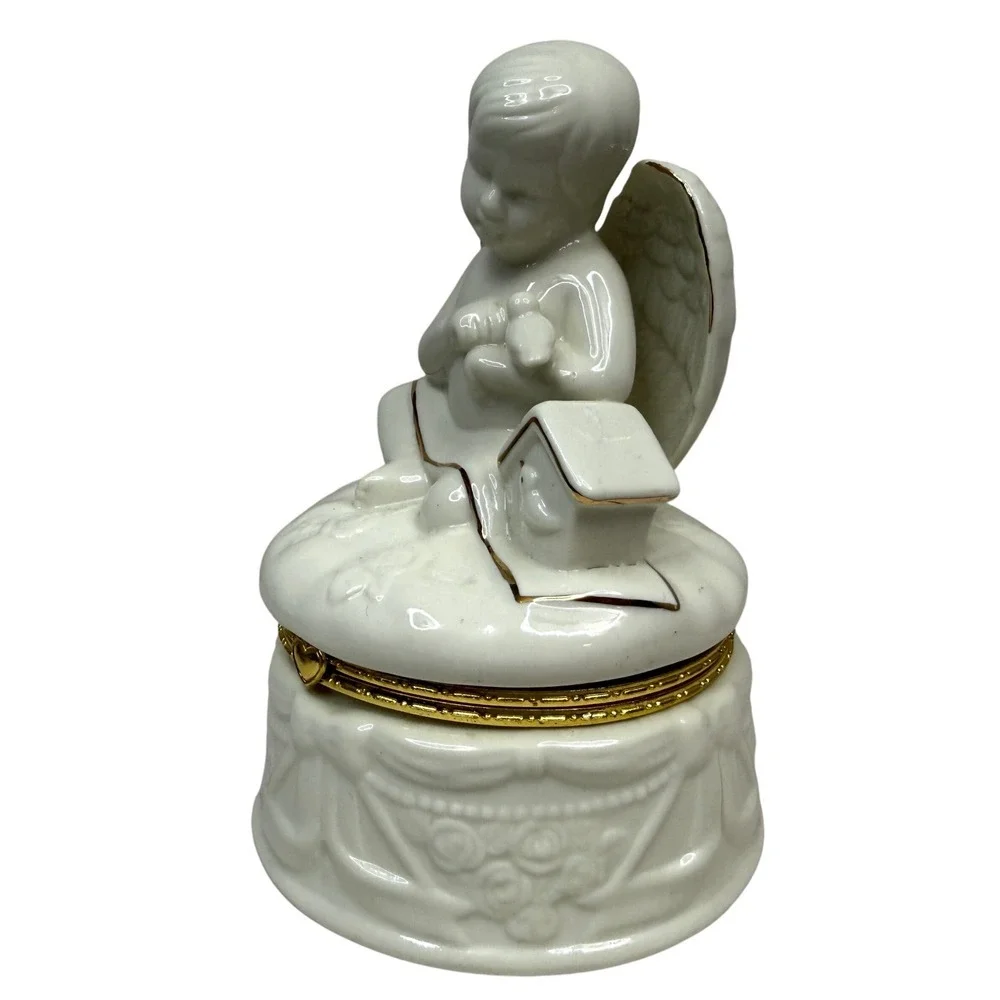 Porcelain Angel Trinket Jewelry Box Bath Salt Holder Gold Trim Bird 5in Wx7in H
